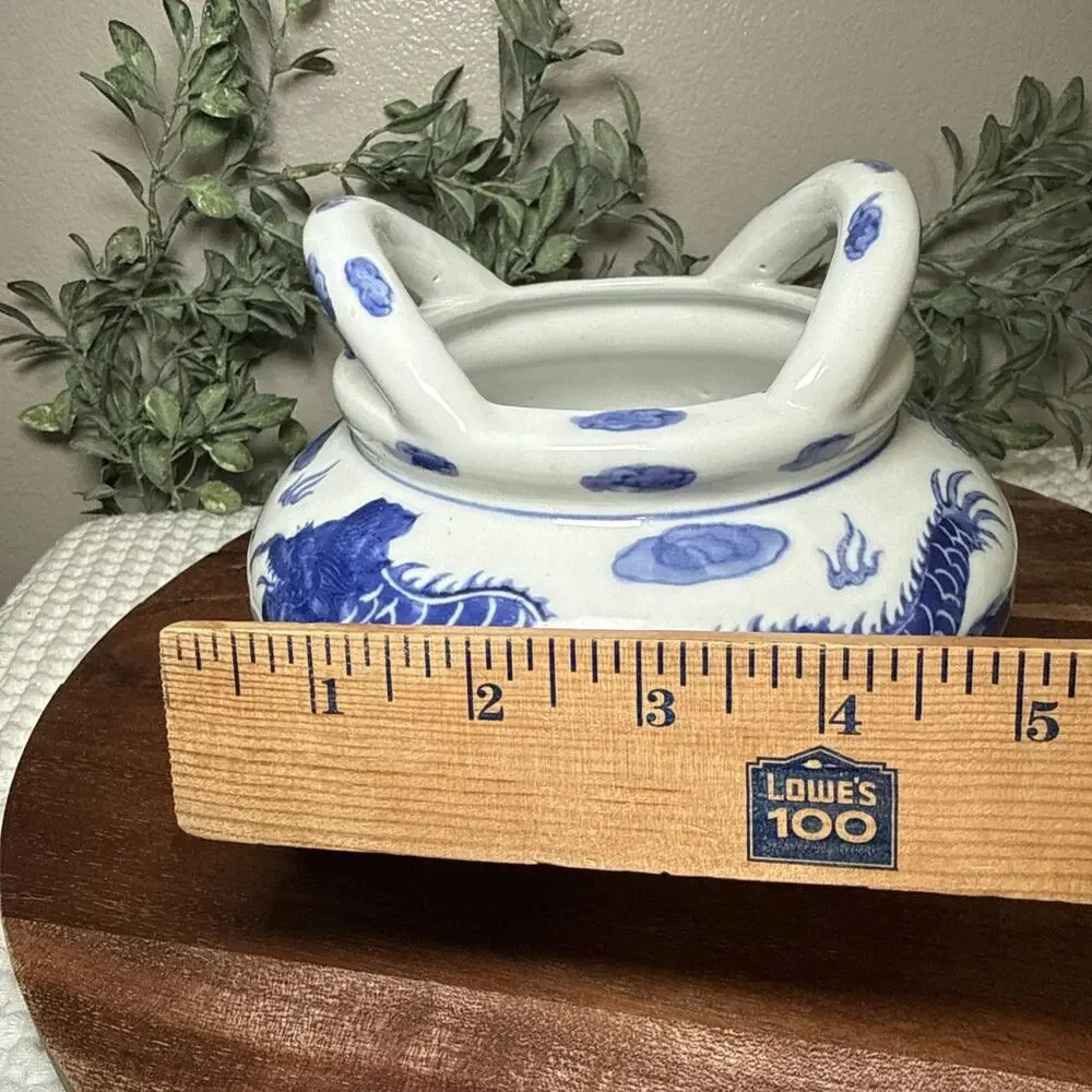 Chinese Blue White Dragon Tripod Censer Cachepot Planter Ceramic 6” Vintage